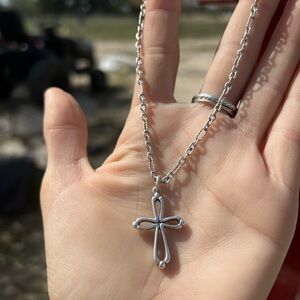 Retired James Avery Open Cross 925 Silver Pendant On 18” Chain Link Necklace